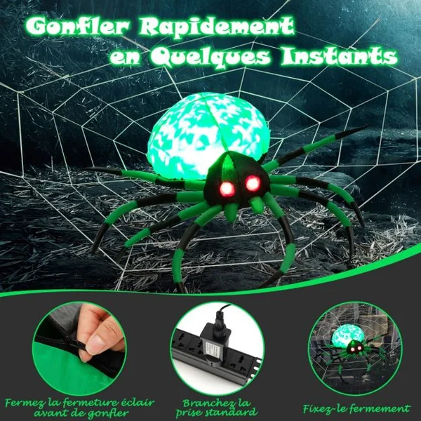 Décoration Halloween Araignée Effrayante Gonflable avec Toile d'Araignée 2 Lumières LED Yeux Rouges Lampe Rotative Etanche