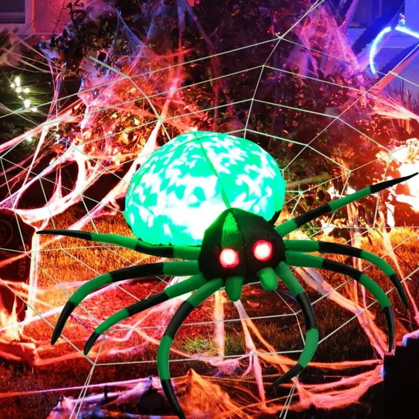 Décoration Halloween Araignée Effrayante Gonflable avec Toile d'Araignée 2 Lumières LED Yeux Rouges Lampe Rotative Etanche