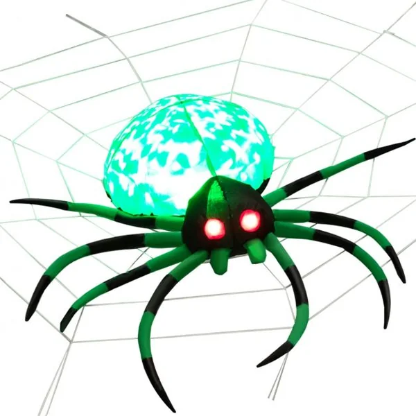 Décoration Halloween Araignée Effrayante Gonflable avec Toile d'Araignée 2 Lumières LED Yeux Rouges Lampe Rotative Etanche