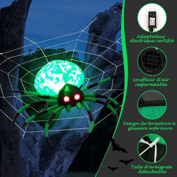 Décoration Halloween Araignée Effrayante Gonflable avec Toile d'Araignée 2 Lumières LED Yeux Rouges Lampe Rotative Etanche