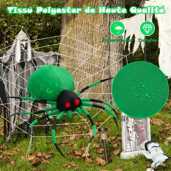 Décoration Halloween Araignée Effrayante Gonflable avec Toile d'Araignée 2 Lumières LED Yeux Rouges Lampe Rotative Etanche