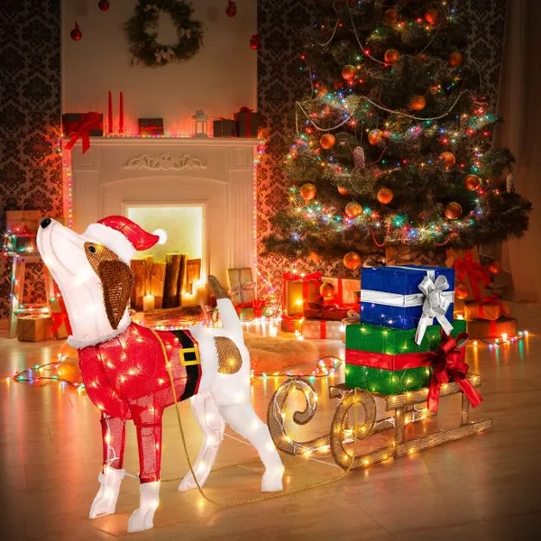 Décorations Lumineuses de Noël Ensemble Extérieur Pré-éclairé Chien & Traîneau & Boîtes Cadeaux avec 170 Lumières LED Chaudes pour Terrasse Cour
