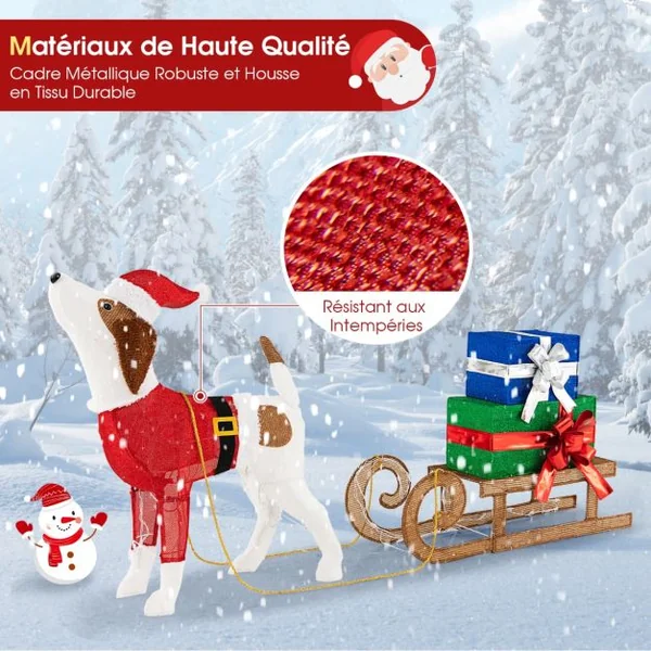 Décorations Lumineuses de Noël Ensemble Extérieur Pré-éclairé Chien & Traîneau & Boîtes Cadeaux avec 170 Lumières LED Chaudes pour Terrasse Cour