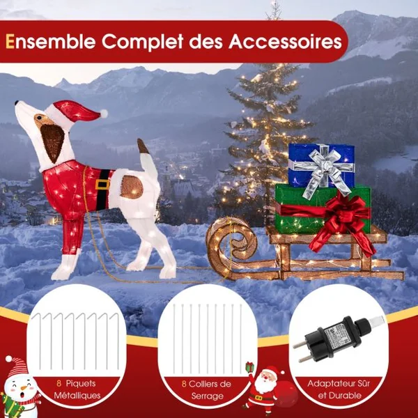 Décorations Lumineuses de Noël Ensemble Extérieur Pré-éclairé Chien & Traîneau & Boîtes Cadeaux avec 170 Lumières LED Chaudes pour Terrasse Cour