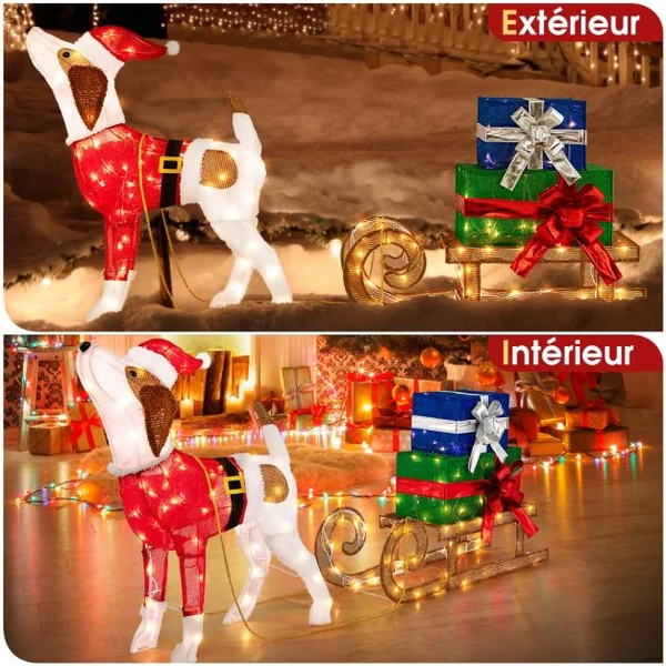 Décorations Lumineuses de Noël Ensemble Extérieur Pré-éclairé Chien & Traîneau & Boîtes Cadeaux avec 170 Lumières LED Chaudes pour Terrasse Cour