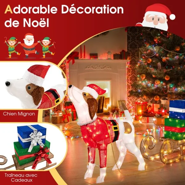 Décorations Lumineuses de Noël Ensemble Extérieur Pré-éclairé Chien & Traîneau & Boîtes Cadeaux avec 170 Lumières LED Chaudes pour Terrasse Cour