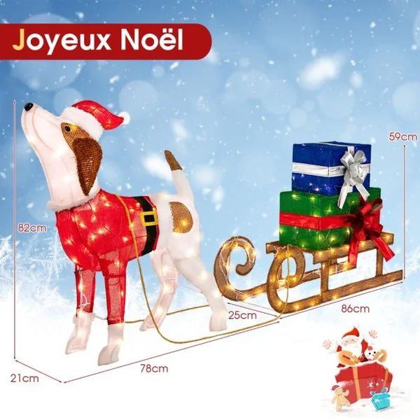 Décorations Lumineuses de Noël Ensemble Extérieur Pré-éclairé Chien & Traîneau & Boîtes Cadeaux avec 170 Lumières LED Chaudes pour Terrasse Cour