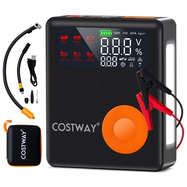 Démarreur de Batterie Voiture 12V 2000A avec Gonfleur de Pneus 150 PSI pour Moteurs Essence Jusqu'à 8L & Diesel Jusqu'à 5L Écran