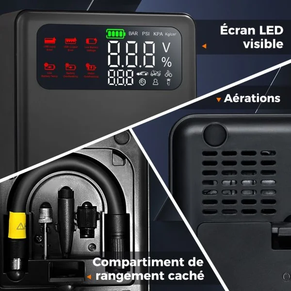 Démarreur de Batterie Voiture 12V 2000A avec Gonfleur de Pneus 150 PSI pour Moteurs Essence Jusqu'à 8L & Diesel Jusqu'à 5L Écran