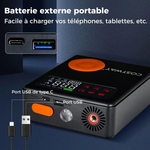Démarreur de Batterie Voiture 12V 2000A avec Gonfleur de Pneus 150 PSI pour Moteurs Essence Jusqu'à 8L & Diesel Jusqu'à 5L Écran