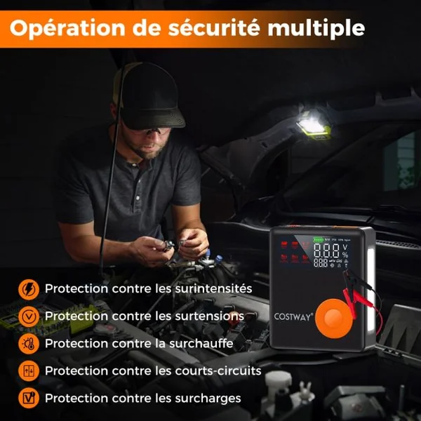 Démarreur de Batterie Voiture 12V 2000A avec Gonfleur de Pneus 150 PSI pour Moteurs Essence Jusqu'à 8L & Diesel Jusqu'à 5L Écran