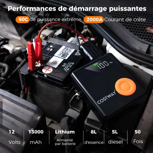 Démarreur de Batterie Voiture 12V 2000A avec Gonfleur de Pneus 150 PSI pour Moteurs Essence Jusqu'à 8L & Diesel Jusqu'à 5L Écran