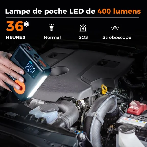 Démarreur de Batterie Voiture 12V 2000A avec Gonfleur de Pneus 150 PSI pour Moteurs Essence Jusqu'à 8L & Diesel Jusqu'à 5L Écran