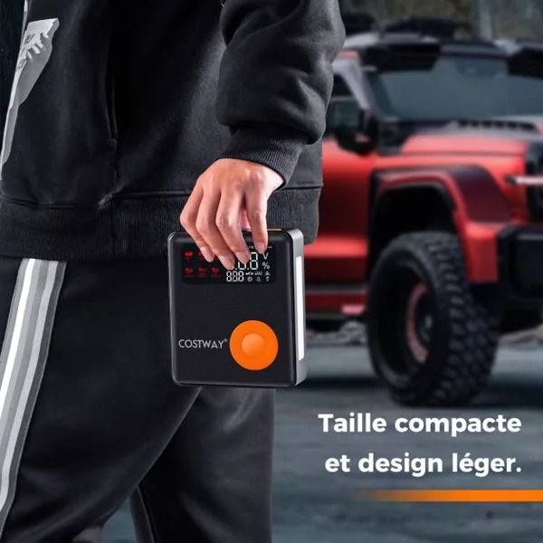 Démarreur de Batterie Voiture 12V 2000A avec Gonfleur de Pneus 150 PSI pour Moteurs Essence Jusqu'à 8L & Diesel Jusqu'à 5L Écran