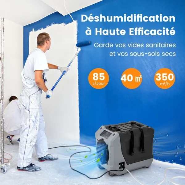 Déshumidificateur 85L/Jour avec Pompe et Tuyau de Vidange Dégivrage Automatique 2 Roues et Poignée Rétractable Orange/Noir