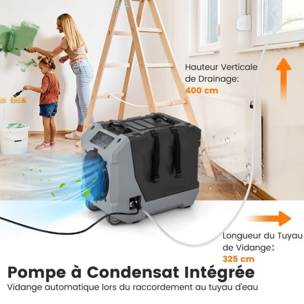 Déshumidificateur 85L/Jour avec Pompe et Tuyau de Vidange Dégivrage Automatique 2 Roues et Poignée Rétractable Orange/Noir