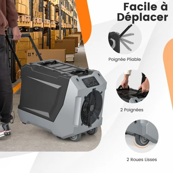 Déshumidificateur 85L/Jour avec Pompe et Tuyau de Vidange Dégivrage Automatique 2 Roues et Poignée Rétractable Orange/Noir