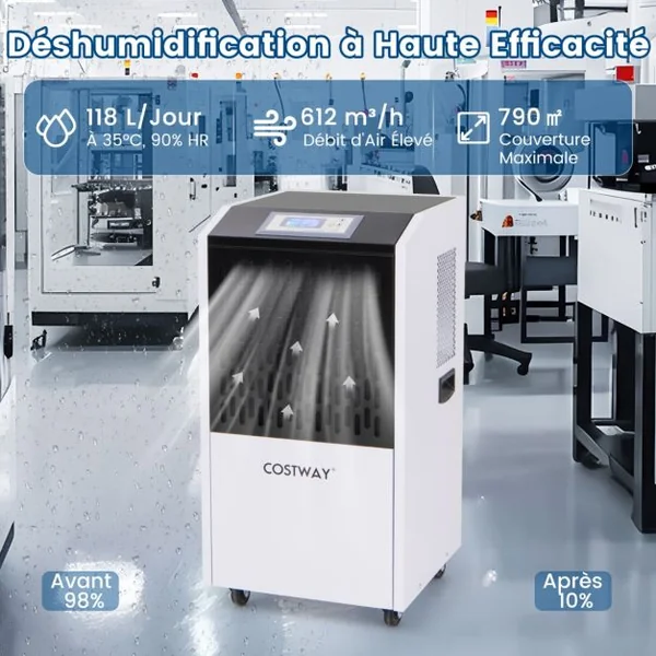 Déshumidificateur Commercial de 118 L/Jour Déshumidificateur Jusqu'à 790 M² avec Tuyau de Vidange Minuterie 24H Drainage Automatique Blanc