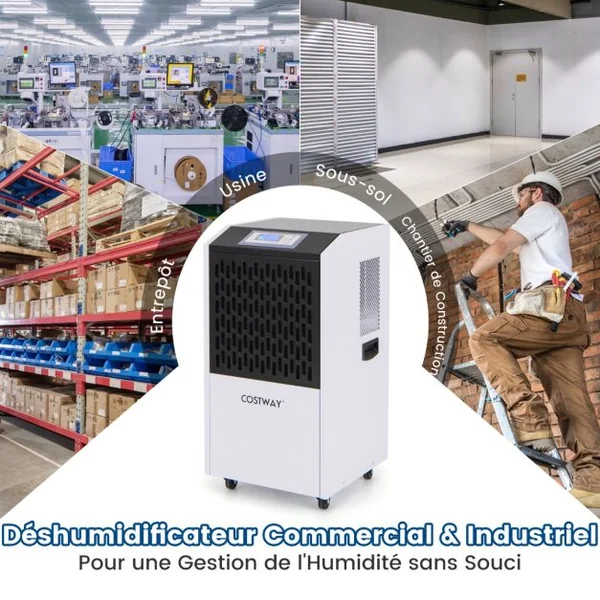 Déshumidificateur Commercial de 118 L/Jour Déshumidificateur Jusqu'à 790 M² avec Tuyau de Vidange Minuterie 24H Drainage Automatique Blanc