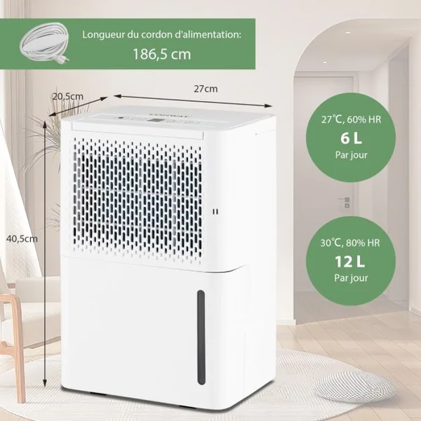 Déshumidificateur Portable 12L/Jour avec Réservoir d'Eau 2,1L pour Pièces jusqu'à 185 m² Modes Continu/Séchage/Auto Minuterie 24H Blanc