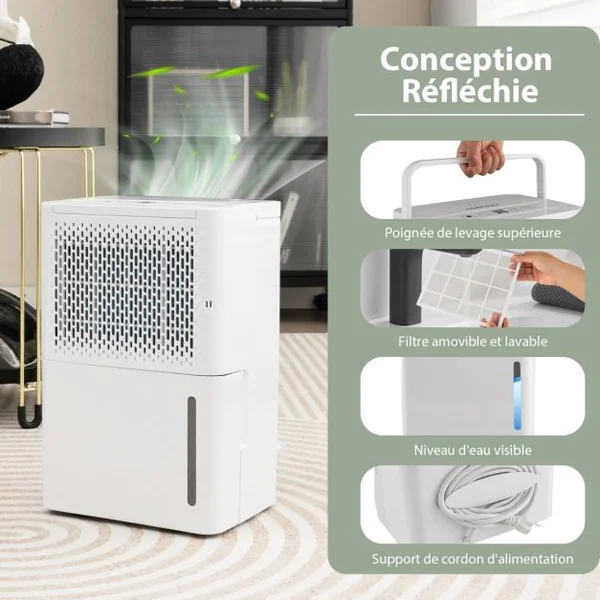 Déshumidificateur Portable 12L/Jour avec Réservoir d'Eau 2,1L pour Pièces jusqu'à 185 m² Modes Continu/Séchage/Auto Minuterie 24H Blanc