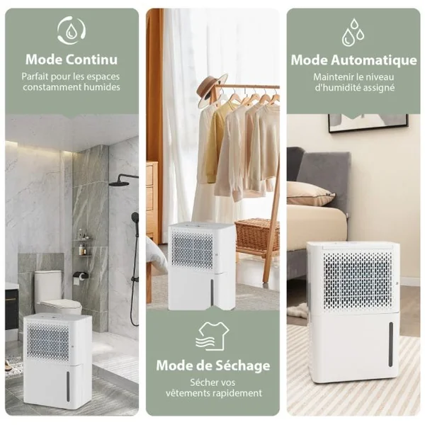 Déshumidificateur Portable 12L/Jour avec Réservoir d'Eau 2,1L pour Pièces jusqu'à 185 m² Modes Continu/Séchage/Auto Minuterie 24H Blanc