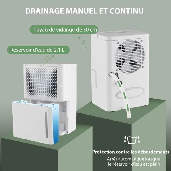 Déshumidificateur Portable 12L/Jour avec Réservoir d'Eau 2,1L pour Pièces jusqu'à 185 m² Modes Continu/Séchage/Auto Minuterie 24H Blanc