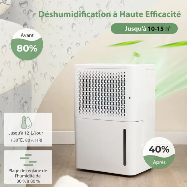 Déshumidificateur Portable 12L/Jour avec Réservoir d'Eau 2,1L pour Pièces jusqu'à 185 m² Modes Continu/Séchage/Auto Minuterie 24H Blanc