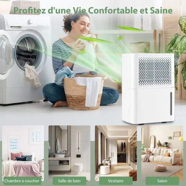 Déshumidificateur Portable 12L/Jour avec Réservoir d'Eau 2,1L pour Pièces jusqu'à 185 m² Modes Continu/Séchage/Auto Minuterie 24H Blanc