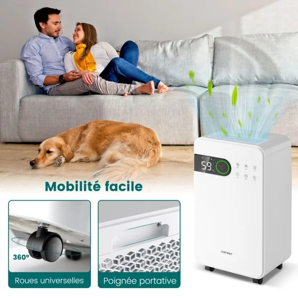 Déshumidificateur Portable 15L/Jour avec Réservoir d'Eau 2,3L pour Pièces jusqu'à 10-15㎡ 2 Vitesses de Ventilation Minuterie 24H 3 Modes 2 façons de Drainage