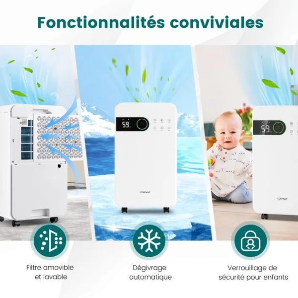 Déshumidificateur Portable 15L/Jour avec Réservoir d'Eau 2,3L pour Pièces jusqu'à 10-15㎡ 2 Vitesses de Ventilation Minuterie 24H 3 Modes 2 façons de Drainage