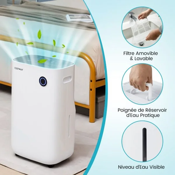 Déshumidificateur Portable 25L/Jour avec Réservoir 6,5L pour Pièces jusqu'à 40m² 2 Vitesses de Ventilation pour Maison Bureau Blanc