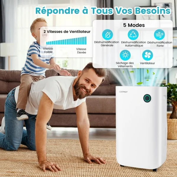 Déshumidificateur Portable 25L/Jour avec Réservoir 6,5L pour Pièces jusqu'à 40m² 2 Vitesses de Ventilation pour Maison Bureau Blanc