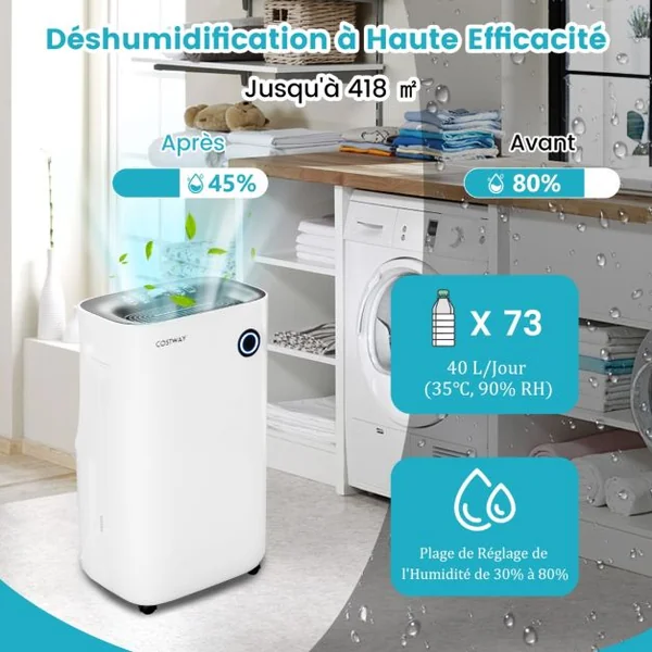 Déshumidificateur Portable 25L/Jour avec Réservoir 6,5L pour Pièces jusqu'à 40m² 2 Vitesses de Ventilation pour Maison Bureau Blanc