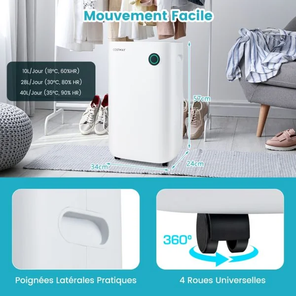 Déshumidificateur Portable 25L/Jour avec Réservoir 6,5L pour Pièces jusqu'à 40m² 2 Vitesses de Ventilation pour Maison Bureau Blanc