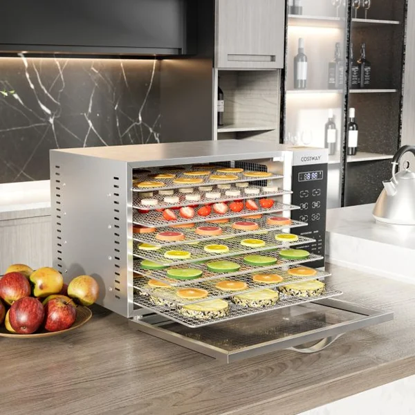 Déshydrateur Alimentaire 8 Plateaux en Maille Amovibles Séchoir Alimentaire pour Fruits Viandes Contrôle de Température Minuterie Protection Argent