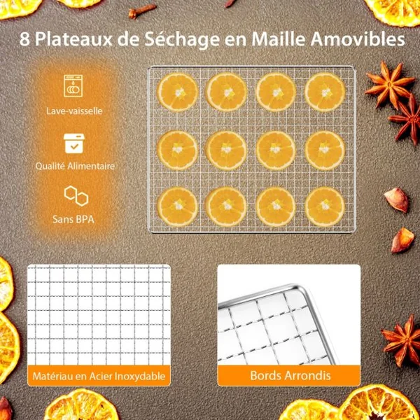 Déshydrateur Alimentaire 8 Plateaux en Maille Amovibles Séchoir Alimentaire pour Fruits Viandes Contrôle de Température Minuterie Protection Argent