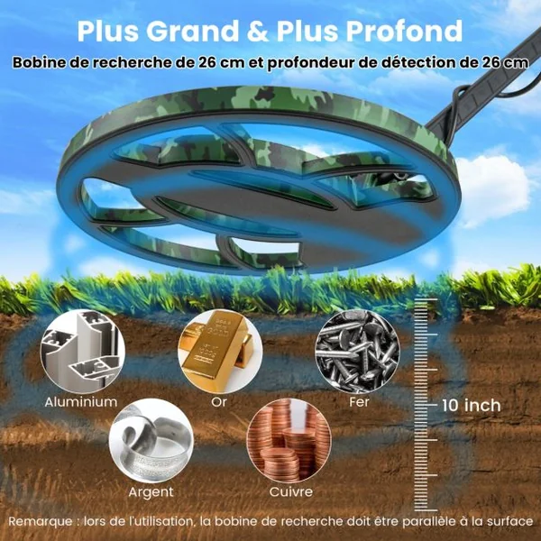 Détecteur de Métaux Détecteur D'or Étanche à Haute Précision 5 Modes Tige Réglable Mémoire et Pointage Exclusifs Écran Lcd Bobine de Recherche de 26 Cm Camouflage