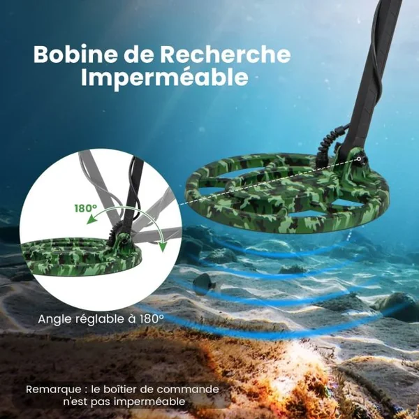 Détecteur de Métaux Détecteur D'or Étanche à Haute Précision 5 Modes Tige Réglable Mémoire et Pointage Exclusifs Écran Lcd Bobine de Recherche de 26 Cm Camouflage