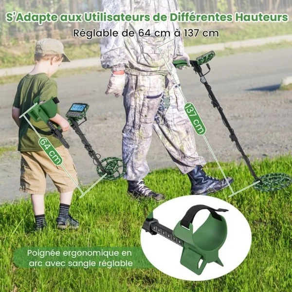 Détecteur de Métaux Détecteur D'or Étanche à Haute Précision 5 Modes Tige Réglable Mémoire et Pointage Exclusifs Écran Lcd Bobine de Recherche de 26 Cm Camouflage