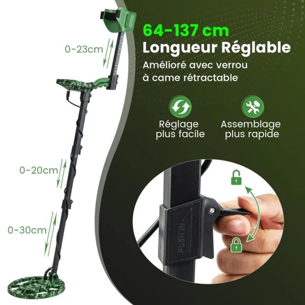 Détecteur de Métaux Détecteur D'or Étanche à Haute Précision 5 Modes Tige Réglable Mémoire et Pointage Exclusifs Écran Lcd Bobine de Recherche de 26 Cm Camouflage