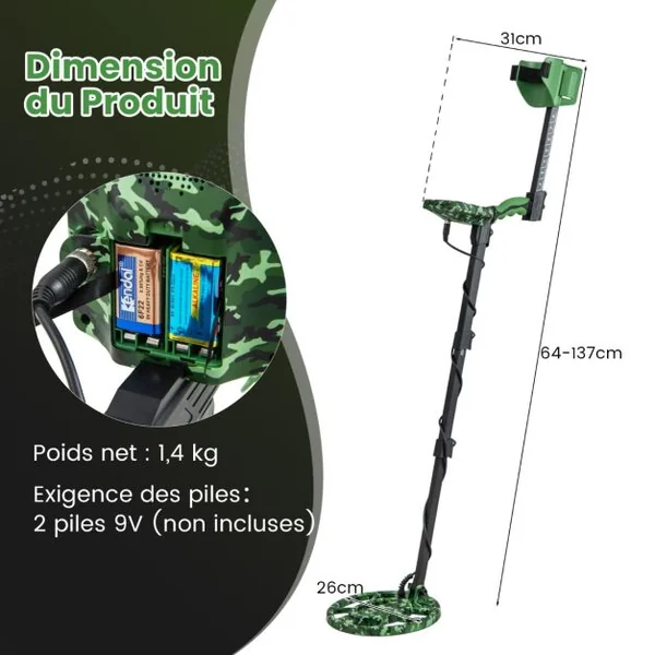 Détecteur de Métaux Détecteur D'or Étanche à Haute Précision 5 Modes Tige Réglable Mémoire et Pointage Exclusifs Écran Lcd Bobine de Recherche de 26 Cm Camouflage