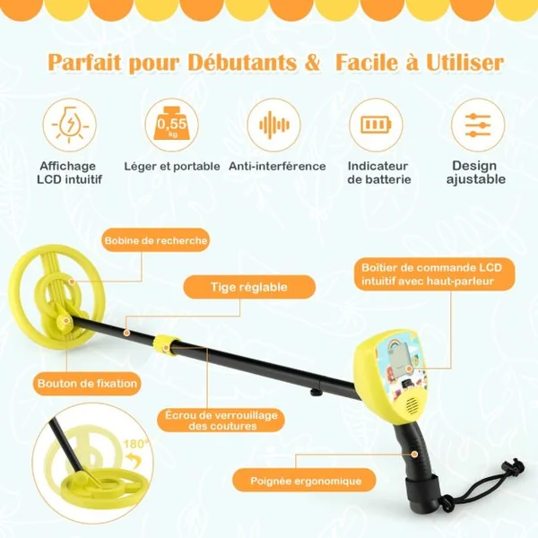 Détecteur de Métaux Enfants Profondeur 10cm Tige Réglable avec Bobine Étanche Rotative à 180° LCD Écran Alarme Sonore Haute Précision