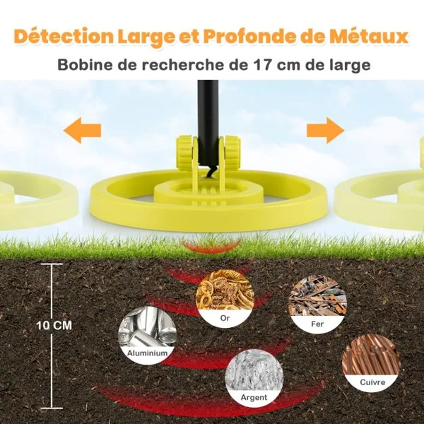 Détecteur de Métaux Enfants Profondeur 10cm Tige Réglable avec Bobine Étanche Rotative à 180° LCD Écran Alarme Sonore Haute Précision