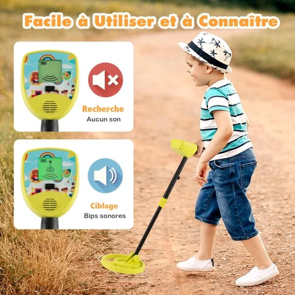 Détecteur de Métaux Enfants Profondeur 10cm Tige Réglable avec Bobine Étanche Rotative à 180° LCD Écran Alarme Sonore Haute Précision