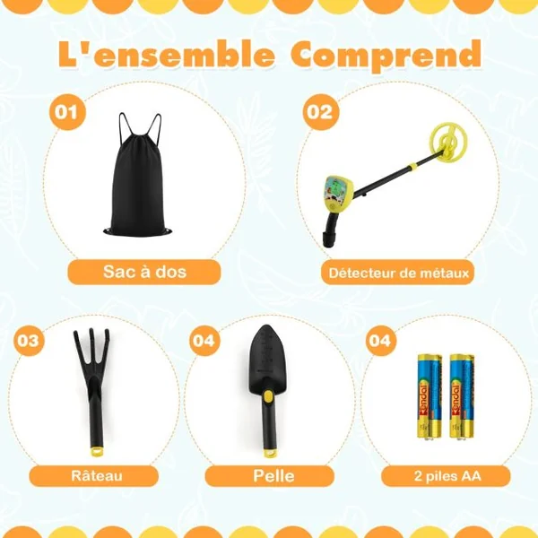 Détecteur de Métaux Enfants Profondeur 10cm Tige Réglable avec Bobine Étanche Rotative à 180° LCD Écran Alarme Sonore Haute Précision