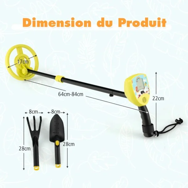 Détecteur de Métaux Enfants Profondeur 10cm Tige Réglable avec Bobine Étanche Rotative à 180° LCD Écran Alarme Sonore Haute Précision