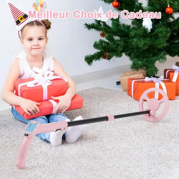 Détecteur de Métaux pour Enfants Détecteur de Métaux Junior Réglable de 62-85cm Écran Lcd Bobine de Recherche Étanche Poids Léger Rose