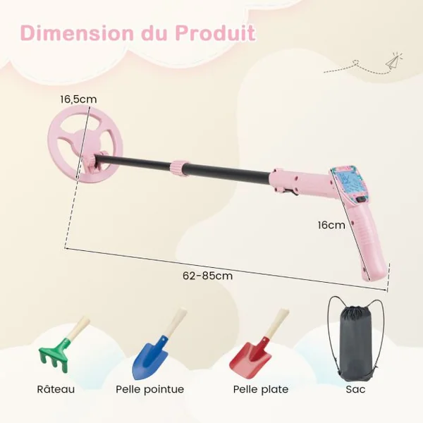 Détecteur de Métaux pour Enfants Détecteur de Métaux Junior Réglable de 62-85cm Écran Lcd Bobine de Recherche Étanche Poids Léger Rose