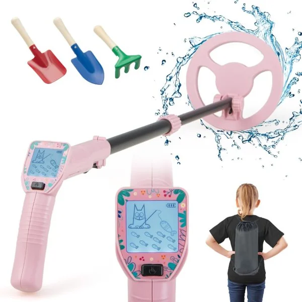 Détecteur de Métaux pour Enfants Détecteur de Métaux Junior Réglable de 62-85cm Écran Lcd Bobine de Recherche Étanche Poids Léger Rose
